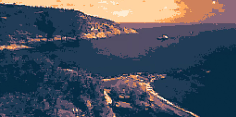 A pixelated landscape of a coastal area with cliffs and water. The sky is a warm orange, suggesting a sunrise or sunset. A small figure, possibly a bird or boat, is seen in the water.