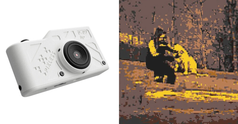 A white camera with a lens on the left is shown next to a pixelated image of a bear with a smaller bear in a forest setting. The camera is positioned to the left, and the image of the bears is on the right.