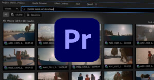 A digital interface displays video thumbnails in a media browsing software. The thumbnails show skate park scenes. An overlay of a large, stylized "Pr" logo, representing Adobe Premiere Pro, is centered on the screen.