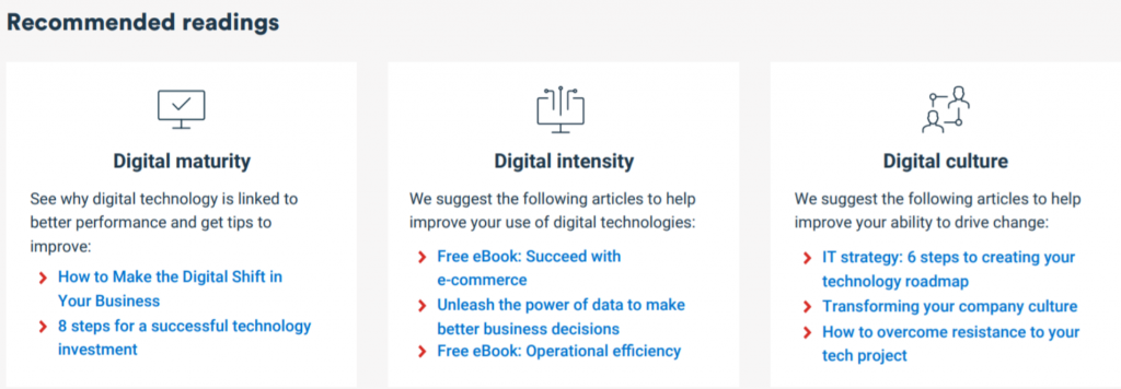 3 recommended readings put forward in an assessment report, about digital maturity, digital intensity, and digital culture