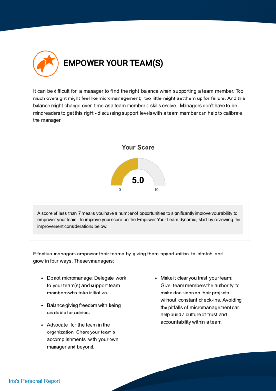 A full A4 page from an assessment report that gives an actionable suggestion, based on a score represented by a chart