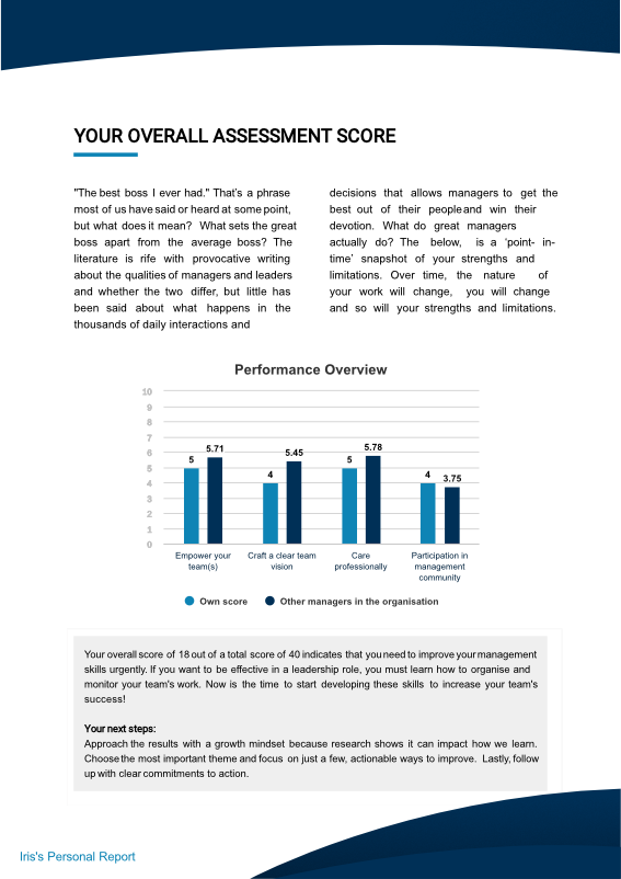 A full A4 page from an assessment report that summarizes the overall score of the respondent