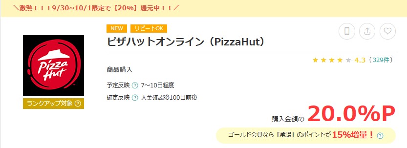 モッピーでピザハットが20％還元（2023年9月30日）