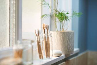 Zero waste plastic free products on bathroom window sill.