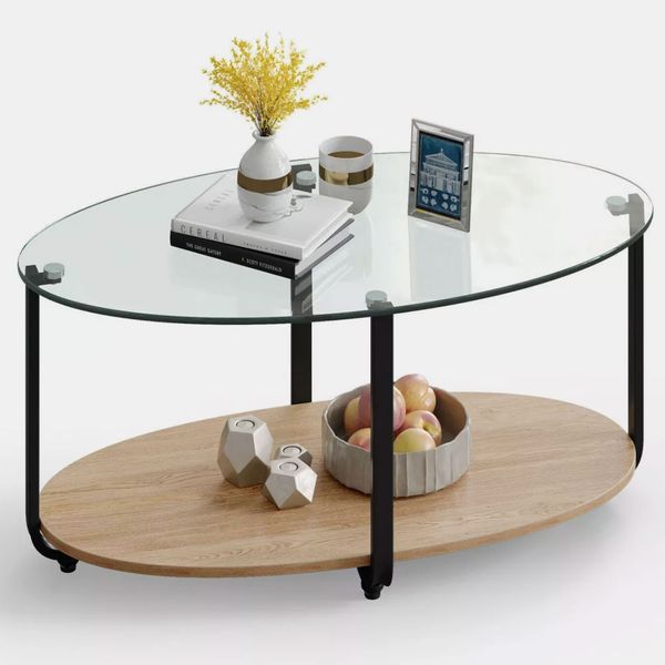 Costway Oval Glass-Top Coffee with Storage Shelf