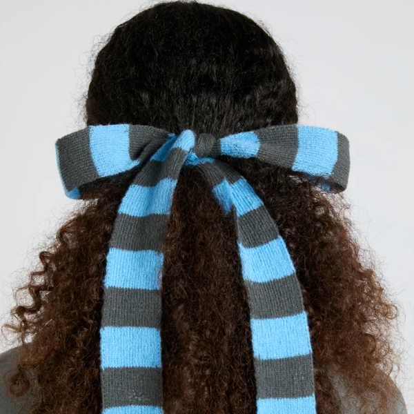 Damson Madder knitted hair bow in stripe - blue & grey