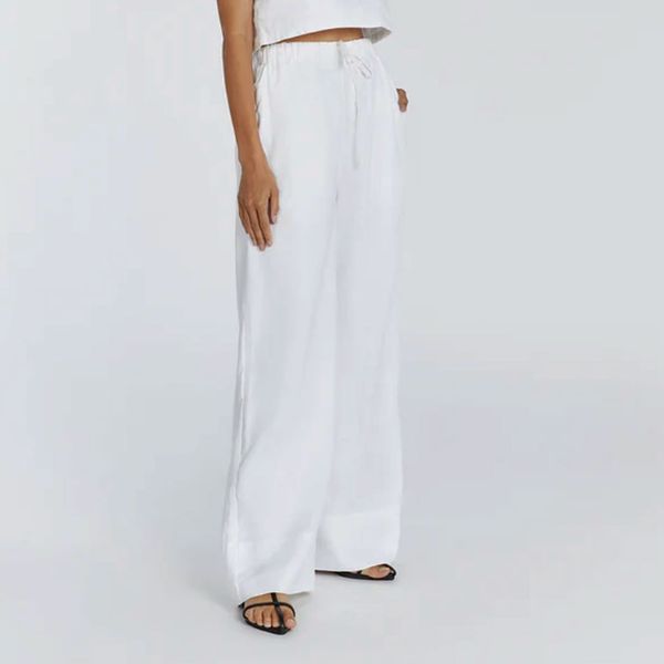 Dissh Gina White Linen Elastic Waist Pant