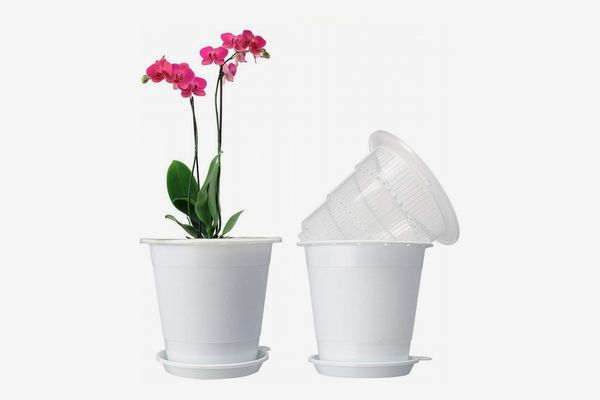 Mkono Plastic Orchid Pots with Vented Liners and Drainage Trays, 5.3” - 2 Sets (White)