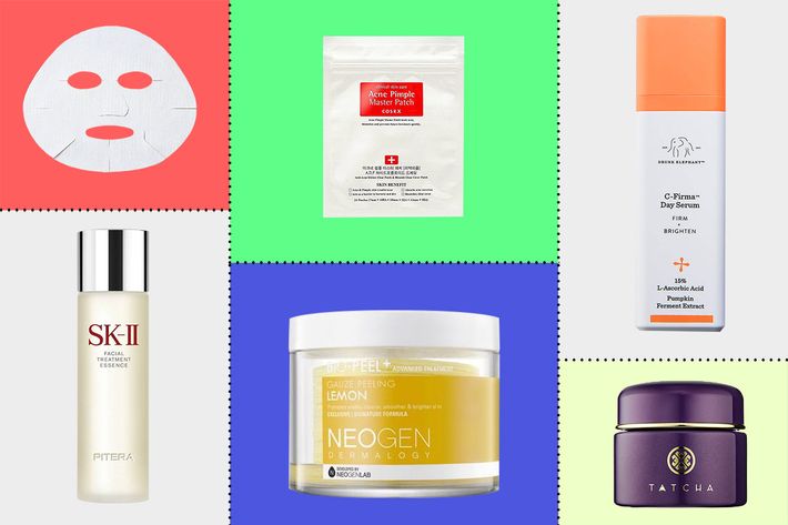 collage of neogen bio-peel, sk-II facial treatment essence, sk-II facial treatment mask, drunk elephant c-firma day serum, tatcha indigo soothing triple recovery cream, and cosrx pimple patches - strategist best skin care products and best skin care routine