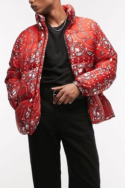 Topman puffer jacket with all over paisley print