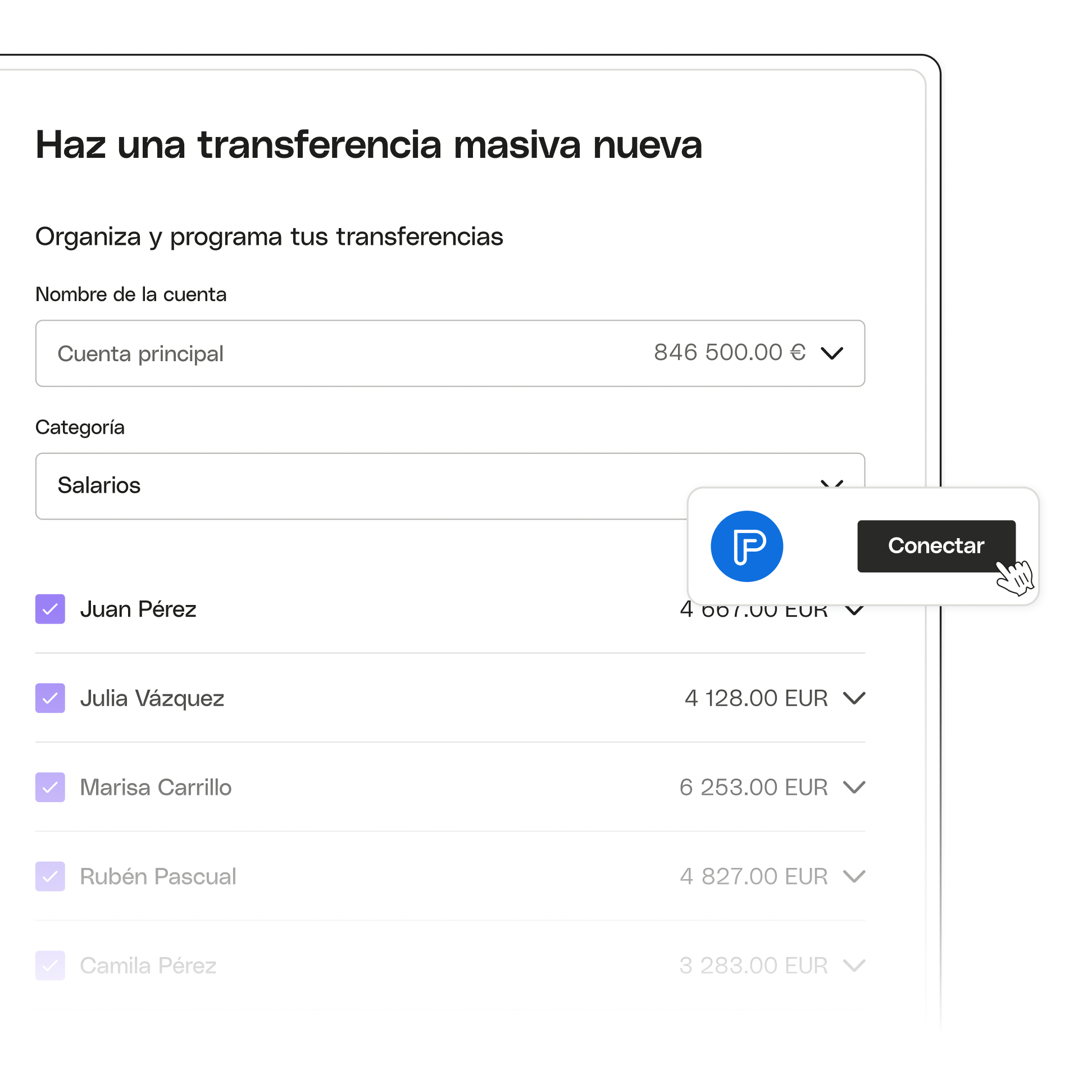 Tema destacado de la interfaz de usuario Transferencias masivas avanzadas Agicap Connect