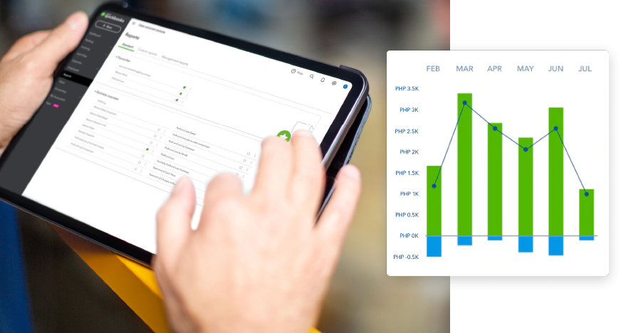 A small business owner is accessing QuickBooks financial reporting software on iPad for business insights