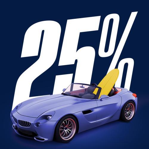 Šaunus automobilis ir ženklas su 25 %