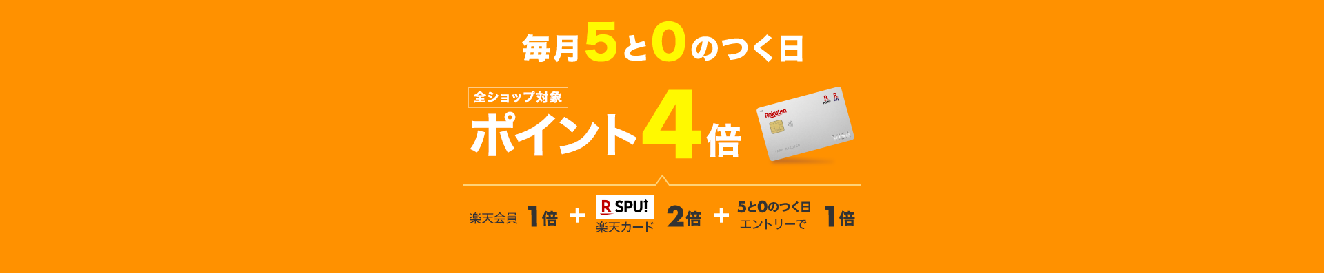 毎月5と0のつく日は楽天カード利用で全ショップ対象ポイント4倍。4倍の内訳は、通常ポイントで1倍、楽天カード使用で2倍、5と0のつく日エントリーで1倍。