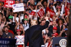 Trump with back to camera stands before a frenzied crowd with raised fist.