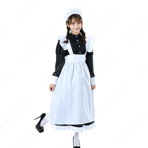 白黒ロング丈メイド服 長袖 こちら人気のメイドコスチューム 白エプロン 黒ワンピース ロング丈が新鮮です元の画像