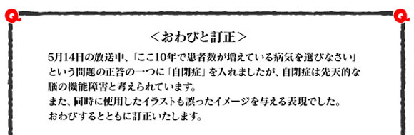 テレビ朝日『Qさま!!』で自閉症を「病気」と報じ謝罪 / ネットからは「絶対に許さないよ」との声