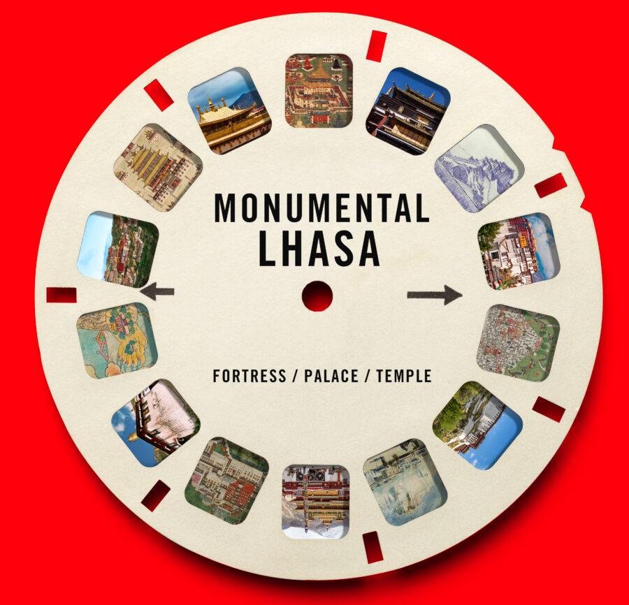 Circular View-Master Reel with 15 color images of palaces and landscapes. Text on reel: "Monumental Lhasa," "Fortress / Palace / Temple" and two arrows at 3 and 9 o'clock.