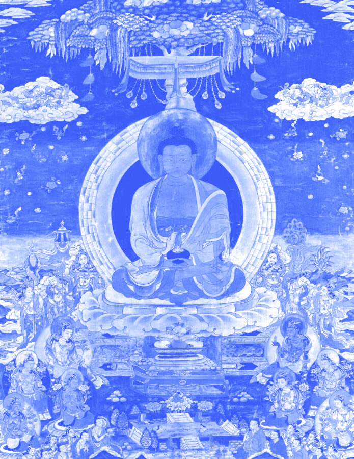 Blue image of seated figure on lotus blossom surrounded by smaller seated figures below.