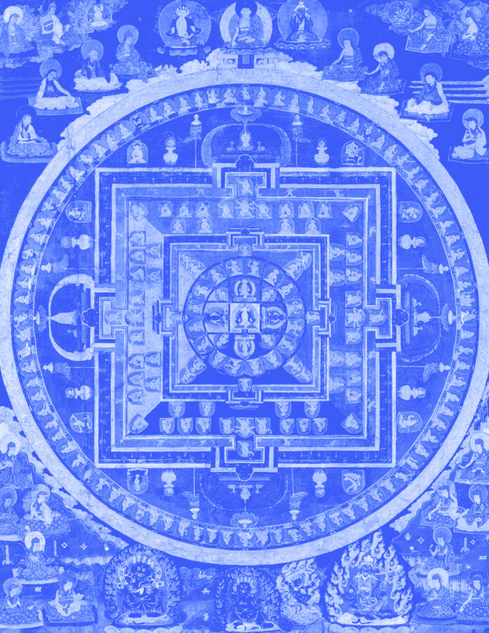 Blue image of mandala painting with large square in center surrounded by a circle.