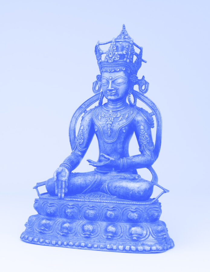 Blue image of seated bodhisattva sculpture.