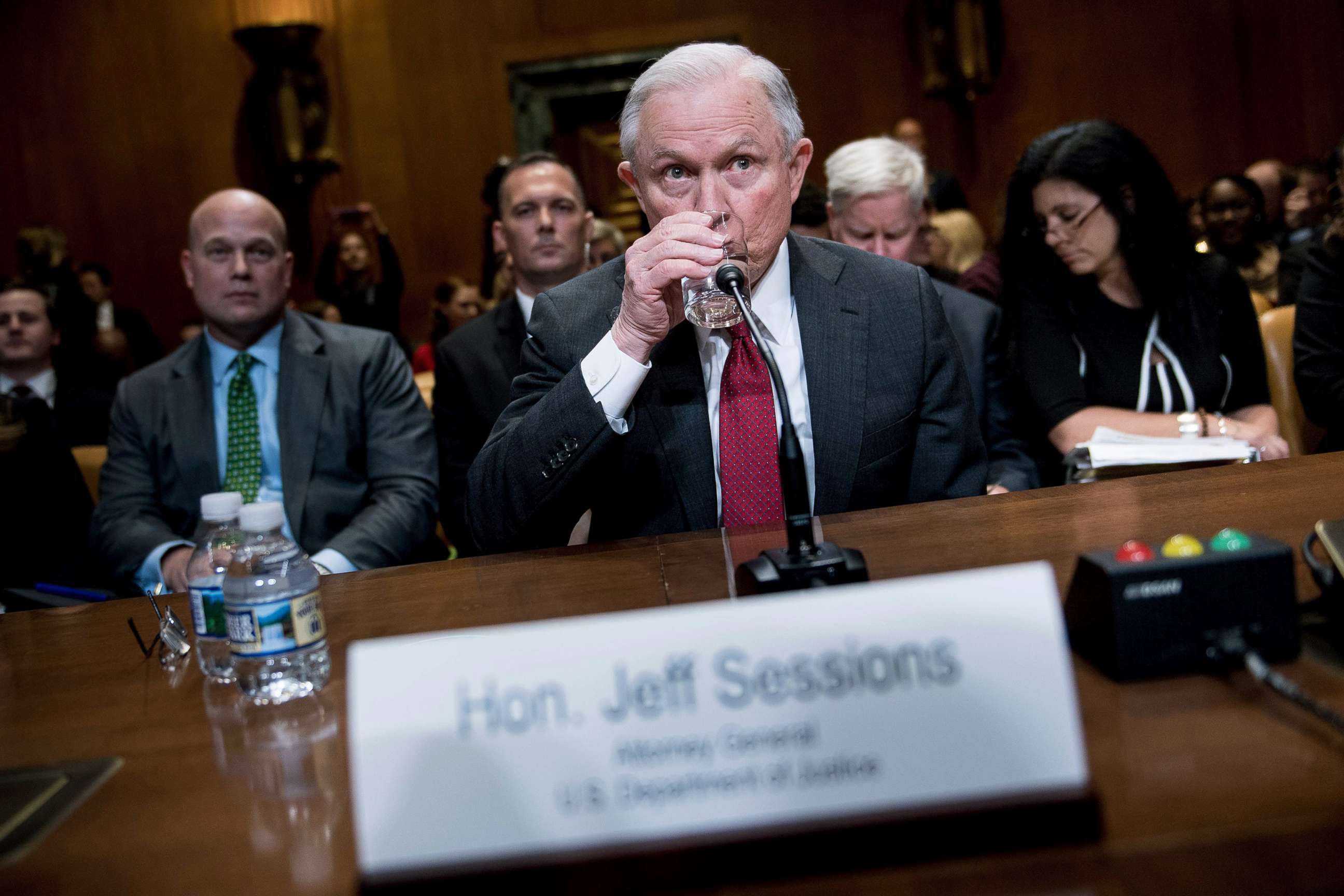 PHOTO: U.S. Attorney General Jeff Sessions waits for a hearing to begin as Matthew G. Whitaker, left, Chief of Staff to Attorney General Jeff Sessions sits behind him, on Capitol Hill, April 25, 2018.