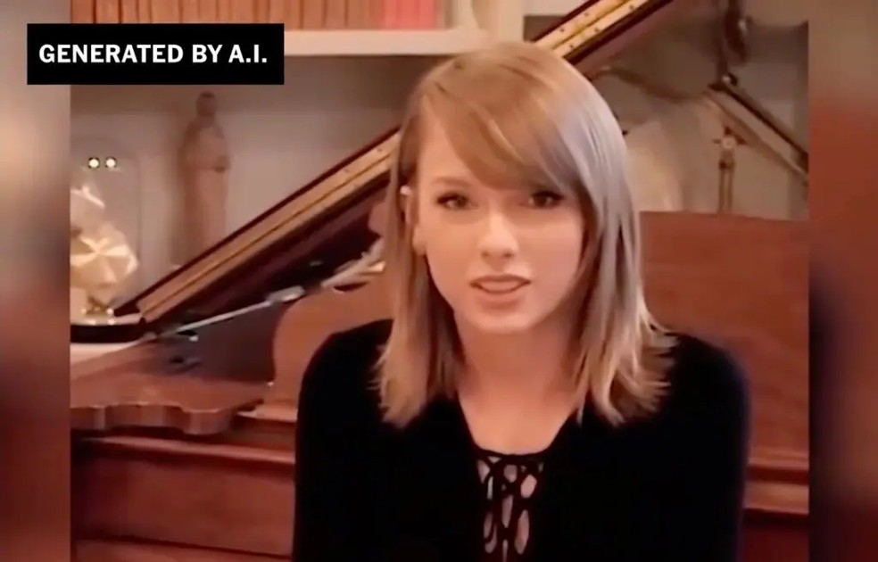 Anúncios recentes publicados no Meta, a tecnologia de IA ajudou a criar uma versão seintética da voz de Taylor Swift, combinada com imagens dela — Foto: Reprodução gerada por IA