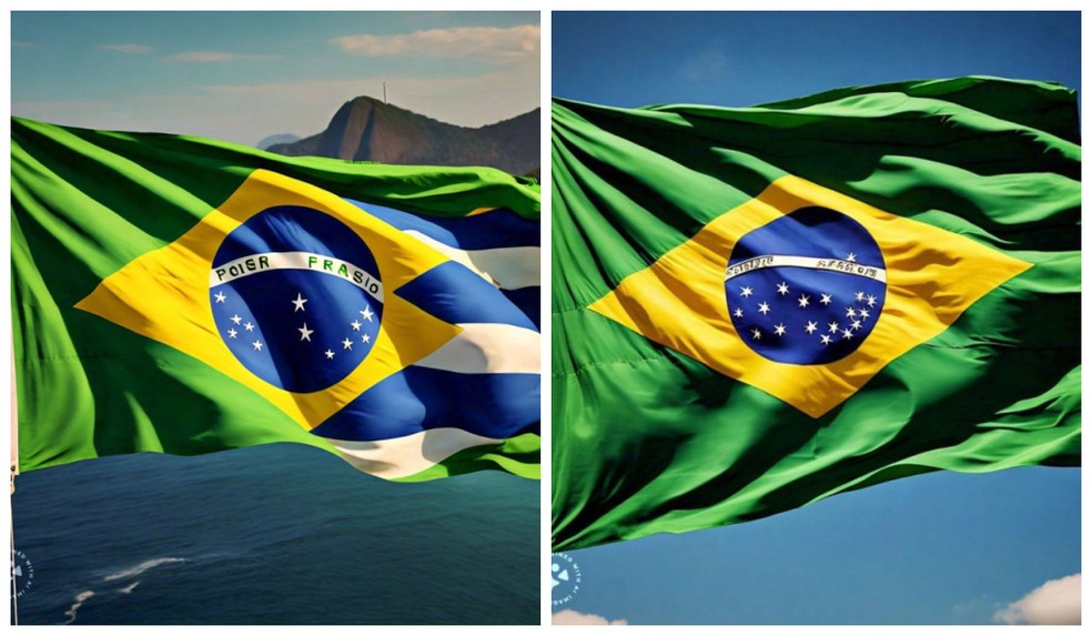 Ao atender um pedido em português para criar a bandeira brasileira, o robô gera bandeira com traços azuis e brancos; ao pedido em inglês, as cores foram corretas, mas faltou o lema e algumas estrelas — Foto: Juliana Causin/O Globo