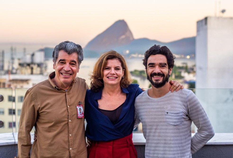 Paulo Betti, Debora Bloch e Caio Blat nos bastidores do longa — Foto: Divulgação/Ricardo Brajterman