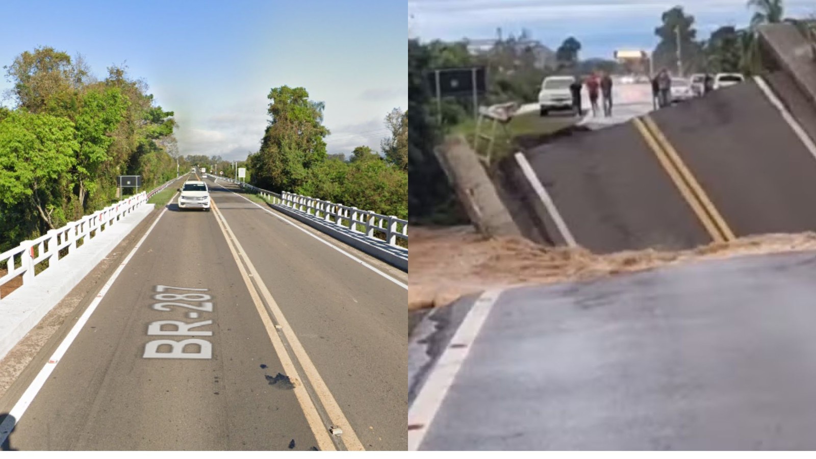 Ponte em Santa Maria (RS) antes e depois dos fortes temporais — Foto: Foto: Reprodução