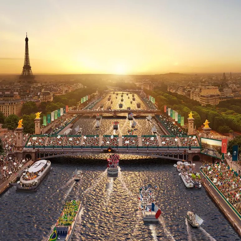 A cerimônia de abertura dos Jogos Olímpicos 2024 acontecerá no Rio Sena, no centro de Paris. Delegações se apresentarão em barcos e evento será aberto ao público - Reprodução / X