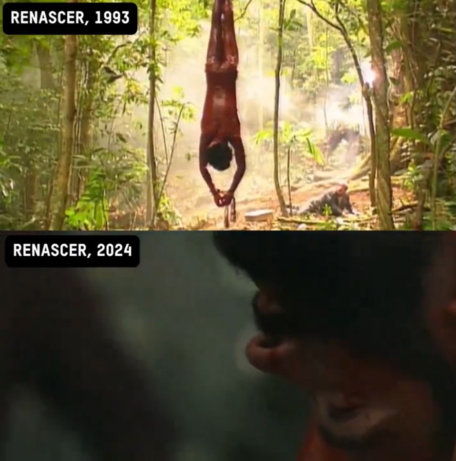 Cena em que personagem principal de 'Renascer' tem o corpo despelado: na versão original, de 1993; e no remake, de 2024