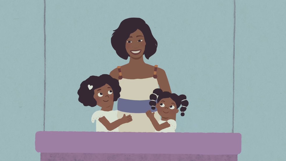 Animação de Glória Maria com as duas filhas adotivas para o quadro 'Mulheres Fantásticas' — Foto: Globo/Divulgação