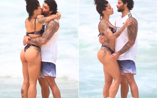 Aline Campos e Jesus Luz namoram em dia de praia do Rio de Janeiro