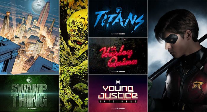 Metropolis, Swamp Thing, Titans title and Brenton Thwaites as Dick Grayson (aka Robin), Harley Quinn title, Young Justice title (DC Entertainment; Steve Wilkie / 2017 Warner Bros. Entertainment Inc.)