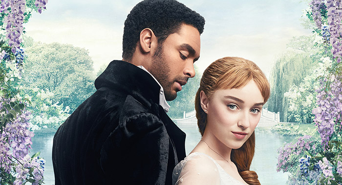 Regé-Jean Page and Phoebe Dynevor in Bridgerton keyart