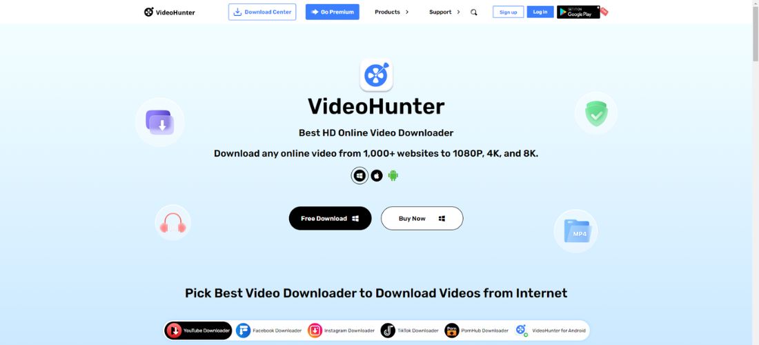 Website interface of VideoHunter