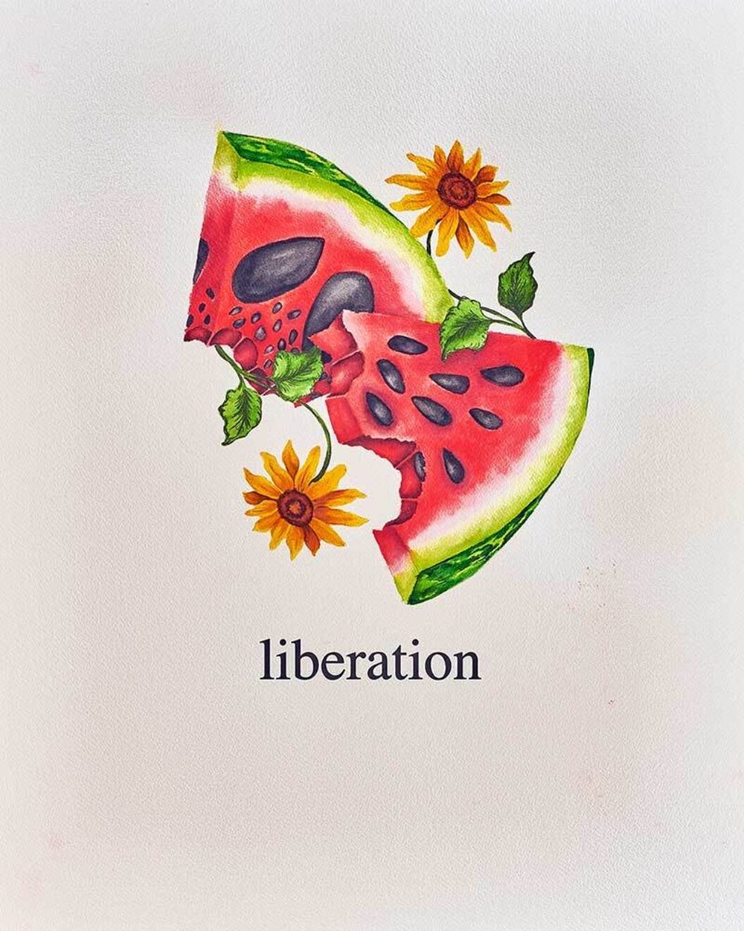 A color drawing of a pieces of watermelon and flowers with the word liberation in black type beneath it.