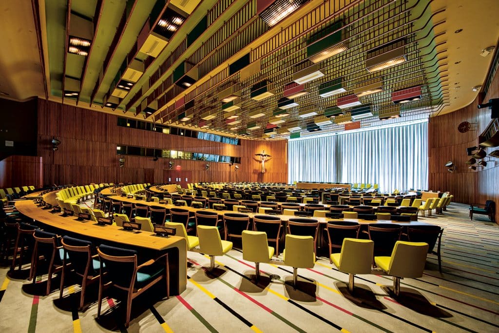 Interior of the United Nations Trusteeship Council chamber, designed by Juhl