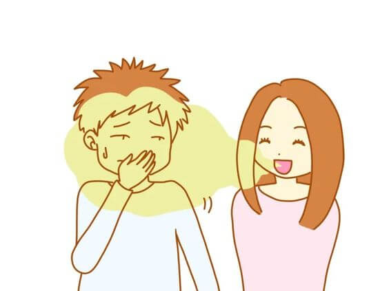 男性が口を覆ってしまい、女性が笑っているイラスト