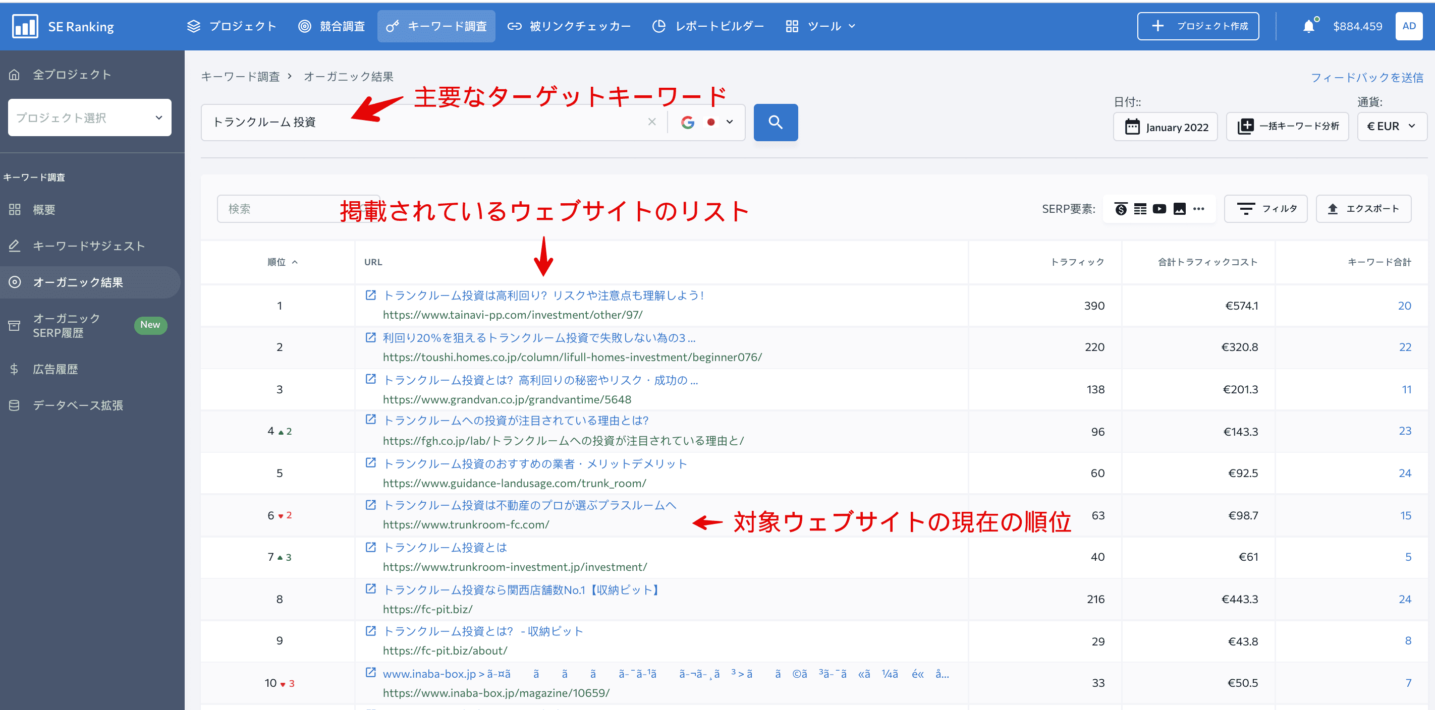 対象ウェブサイトの現在の順位