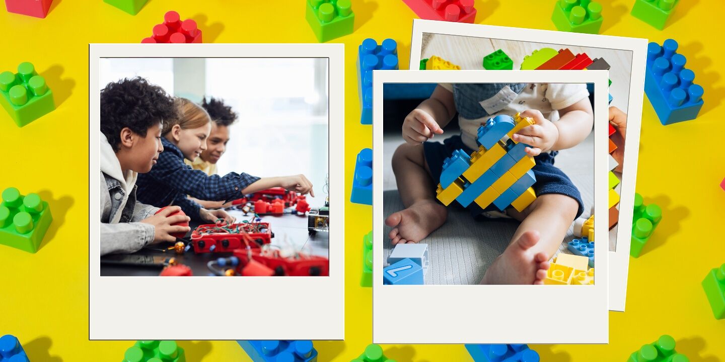 Polaroids of kids building with a variety of LEGO® and DUPLO® pieces.