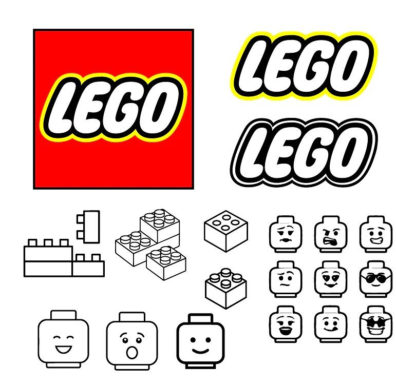 LEGO logo and picture of LEGO bricks, LEGO head with various faces.