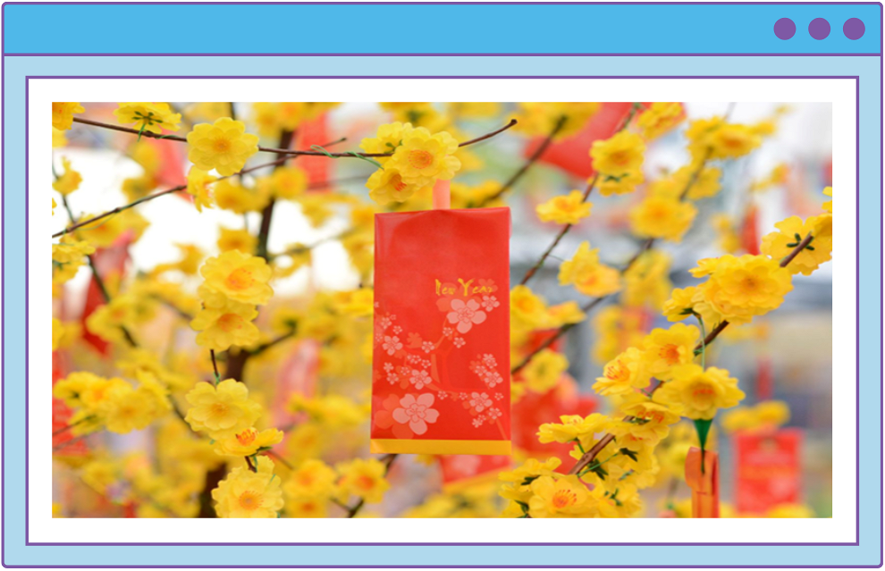 One red envelope hanging from a tree with yellow blossoms.