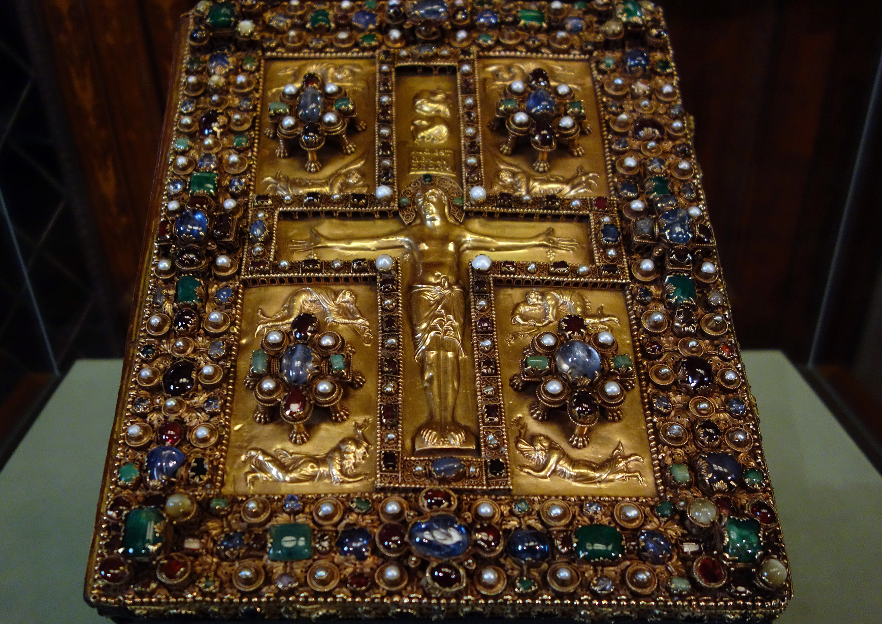 Jeweled upper cover of the Lindau Gospels, c. 880, Court School of Charles the Bald, 350 x 275 mm, cover may have been made in the Royal Abbey of St. Denis (Morgan Library and Museum, New York).