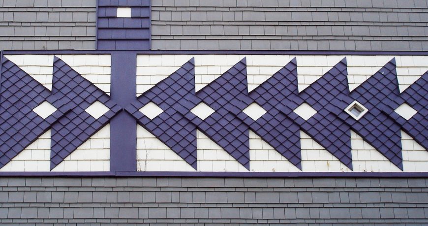 Haudenosaunee wampum belt design recreated on exterior shingles (detail), Flynn & Battaglia, Akwe:kon (Mohawk, "all of us"), 1991, student residence and community center, Cornell University, Ithaca, New York