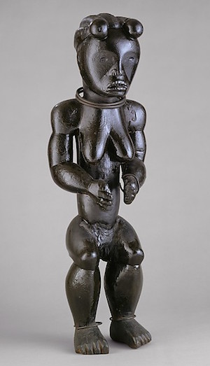 Figure from a Reliquary Ensemble: Seated Female, 19th–early 20th century, Fang peoples, Okak group, Gabon or Equatorial Guinea, wood, metal, 64 x 20 x 16.5 cm (The Metropolitan Museum of Art)