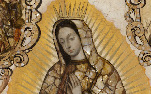 Miguel González, The Virgin of Guadalupe (Virgen de Guadalupe), c. 1698, oil on canvas on wood, inlaid with mother-of-pearl (enconchado), 99.06 x 69.85 cm (Los Angeles County Museum of Art)