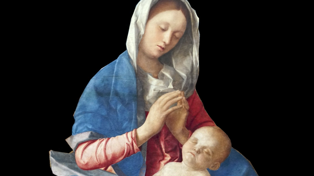 Giovanni Bellini, Madonna of the Meadow, c. 1500, oil and egg on synthetic panel, transferred from wood, 67.3 x 86.4 cm (The National Gallery, London)