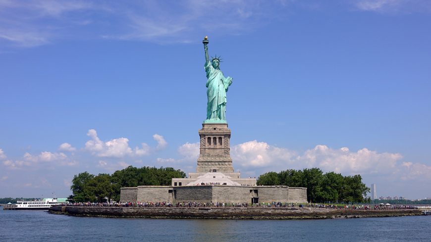 Frédéric-Auguste Bartholdi (sculptor), Gustave Eiffel (interior structure), Richard Morris Hunt (base), Statue of Liberty, begun 1875, dedicated 1886, copper exterior, 151 feet 1 inch / 46 m high (statue), New York Harbor